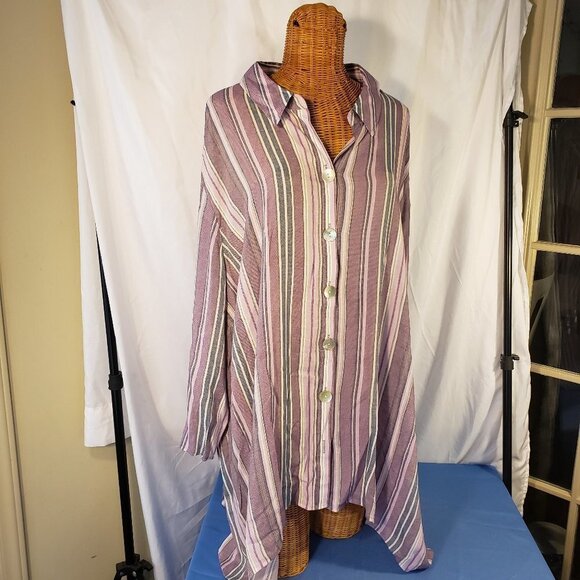 Catherines Tops - Ladies CATHERINES Elbow Sleeves Button Up in Purple Stripes - 4X